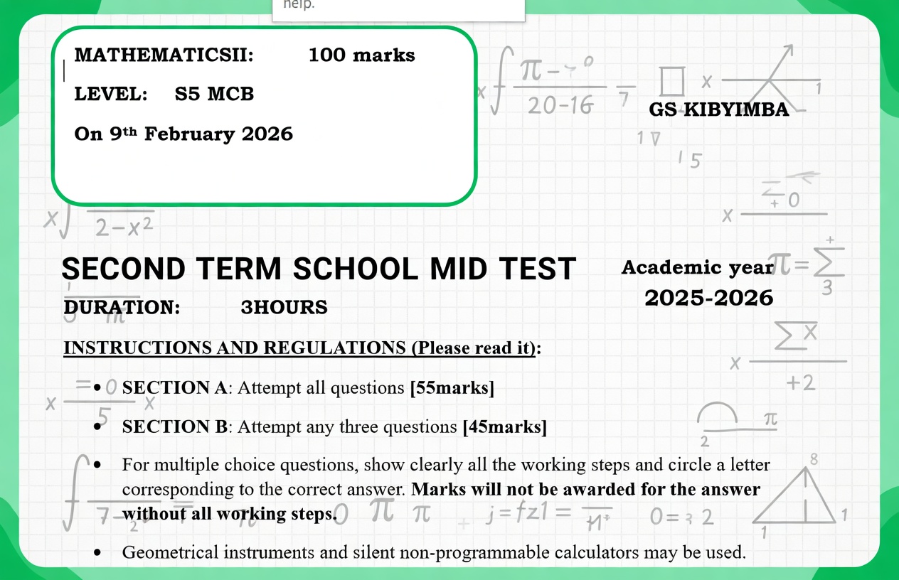 S5 MCB MATHEMATICS MID TERM TEST